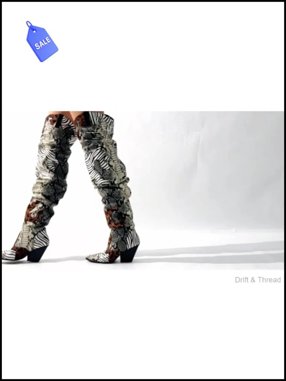 Thigh High Cowboy Boots for Women Faux Snakeskin Chunky Heel Slip Resistant